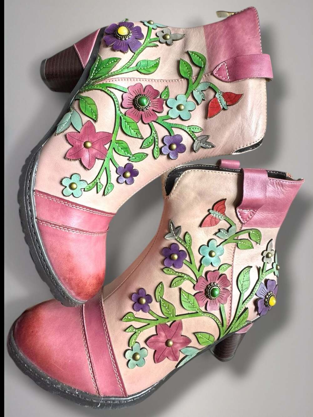 Metcandy Retro Handmade Floral Leather Pink Ankle Boots Size 39